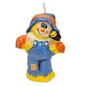 Vintage Halloween Thanksgiving Scarecrow with Crow Wax Candle Figure 3x1.5"